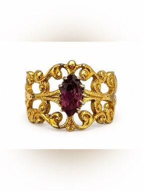 Vintage Gothic Filigree Ring Purple Glass Stone Gold Tone Boho Size 7